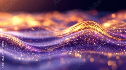 Fiber glow macro abstract waves streaming light particles depth purple gold bokeh effects elegant flowing motion