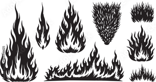 Set of black and white fire flames isolated on white background