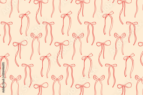 Sseamless bow pattern with hand-drawn red bows in a doodle style. Perfect for Christmas wrapping paper, textiles, holiday cards, packaging, and cozy winter designs.