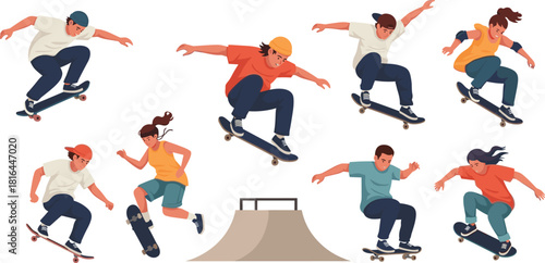 Skateboarding tricks, skate ramp action, dynamic poses, casual attire, helmets, sneakers, mid-air stunts, youth sport, urban style, skateboarders, jeans, skate culture