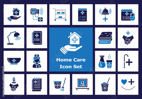 Home Care, Assisted Living, and Medical Support Icon Set - Flat Color Graphics for Nursing, Elderly Care, and Telehealth Services