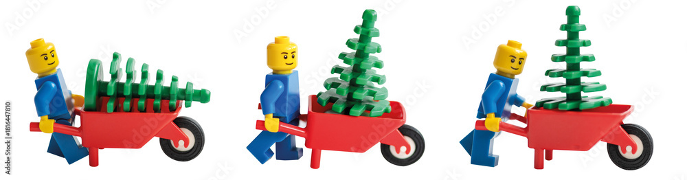 Obraz premium LEGO figures pushing wheelbarrows with Christmas trees, isolated on a white background.