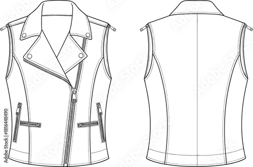 Biker vest sketch, sleeveless fashion flat, technical garment drawing, zipper detail, apparel design, cad drawing flat vector illustration