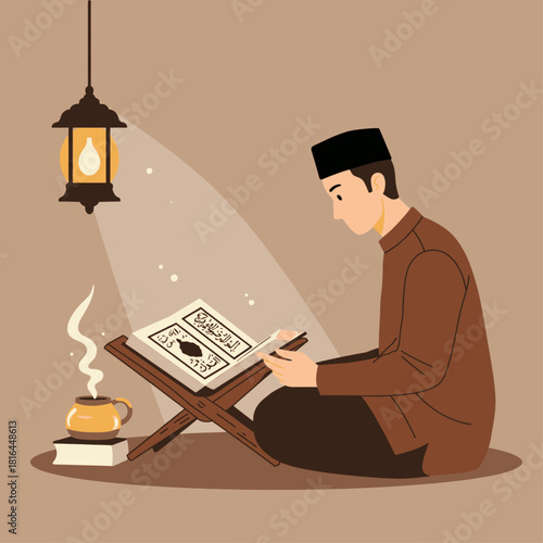A Muslim man in traditional attire sits on the floor, reading the Quran under the soft glow of a lantern, with a steaming cup beside him, depicting a moment of peaceful devotion.