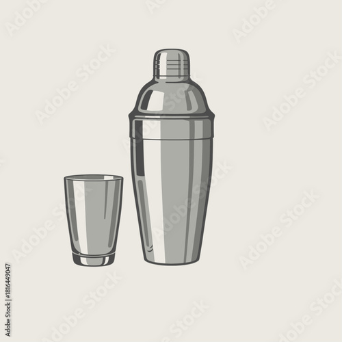 A classic stainless steel cocktail shaker and a shot glass for mixing drinks, depicted in a simple vector illustration style.