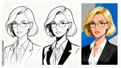 This illustration shows the step-by-step design process of a business man’s suit, from sketch to fully rendered versions with different colors and details, showcasing character design progression.