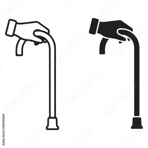 Hand Gripping Walking Cane Icon with Outline and Solid Versions
