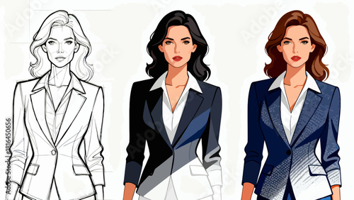 This illustration shows the step-by-step design process of a business man’s suit, from sketch to fully rendered versions with different colors and details, showcasing character design progression.