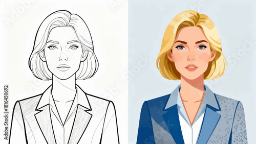 This illustration shows the step-by-step design process of a business man’s suit, from sketch to fully rendered versions with different colors and details, showcasing character design progression.