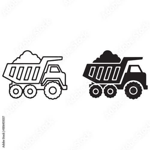 Dump Truck Outline and Silhouette Icons with Loaded Material