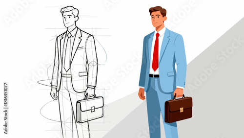 This illustration shows the step-by-step design process of a business man’s suit, from sketch to fully rendered versions with different colors and details, showcasing character design progression.