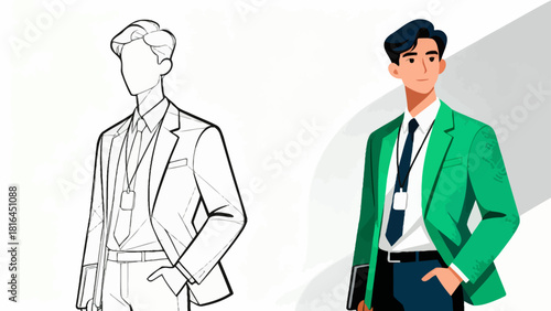 This illustration shows the step-by-step design process of a business man’s suit, from sketch to fully rendered versions with different colors and details, showcasing character design progression.