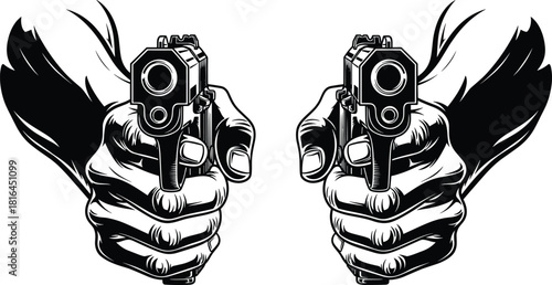 Aggressive Hands Holding Guns Pointed Directly at Viewer Vector Illustration Black and White Graphic for Crime Security Police Action Thriller Movie Poster Design and Self Defense.