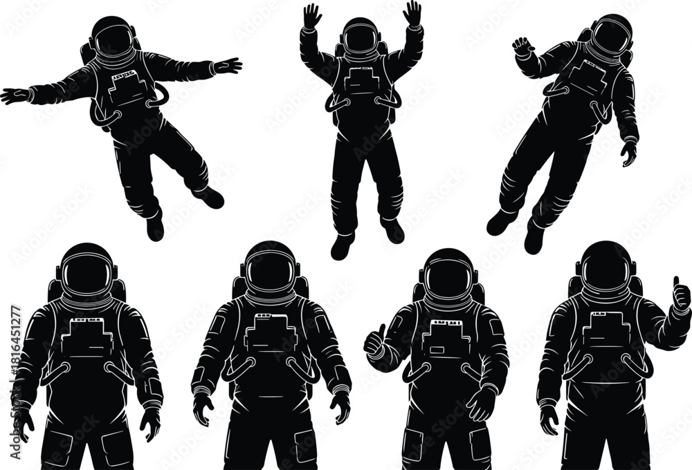 Fototapeta premium Astronaut Black Silhouettes Set Poses Floating in Zero Gravity, Space Exploration Suit and Helmet, Spaceman Thumbs Up Gesture, Future Scientific Mission Vector Graphics Collection Isolated