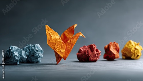 Origami bird amidst crumpled paper (2)