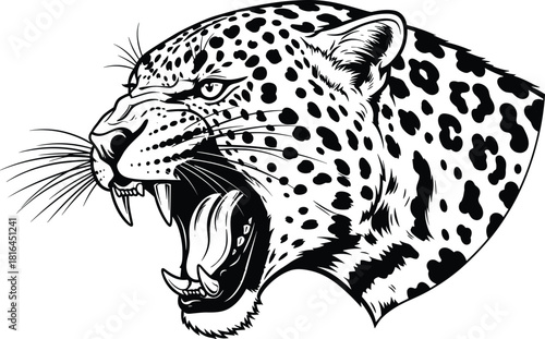 Angry Roaring Leopard Head Vector Illustration, Aggressive Jaguar Growling and Showing Fangs, Detailed Black and White Tattoo Design, Wild Big Cat Mascot Animal Power Strength, Isolated on White