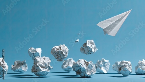 Crumpled paper and a paper airplane on a light blue background