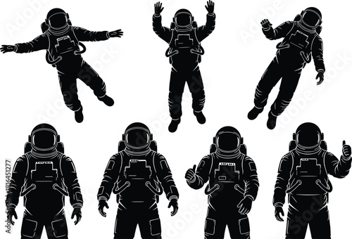Astronaut Black Silhouettes Set Poses Floating in Zero Gravity, Space Exploration Suit and Helmet, Spaceman Thumbs Up Gesture, Future Scientific Mission Vector Graphics Collection Isolated
