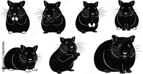 Collection of Cute Hamster Silhouettes Black Vector Set of Pet Rodents in Different Poses with Whiskers for Veterinary Clinic Pet Shop Small Animal Care and Veterinary Graphics.