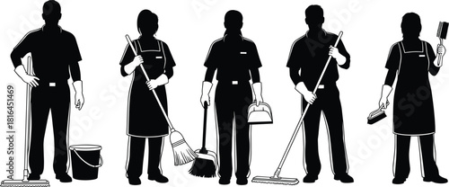 Collection of Janitor and Cleaning Staff Silhouettes Black Vector Set of Men and Women with Mops Brooms Brushes for Commercial Residential Hygiene Sanitation and Maid Service Graphics.