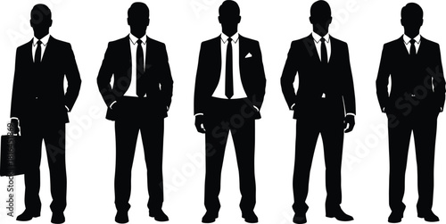 Five Businessman Silhouettes Vector Set Black and White Collection of Men in Suits with Tie and Briefcase for Corporate Business Finance Management and Professional Career Graphics.