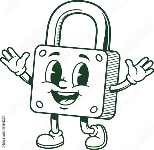 Happy Padlock Security Cartoon Character Outline Mascot, Smiling Lock with Vintage Style Hands and Legs, Digital Safety and Protection Concept, Retro Line Art Vector Graphic Isolated