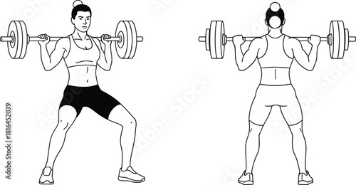 Barbell squat exercise, front and back view, fitness illustration, strength training pose, vector drawing, cad sketch, flat style, workout