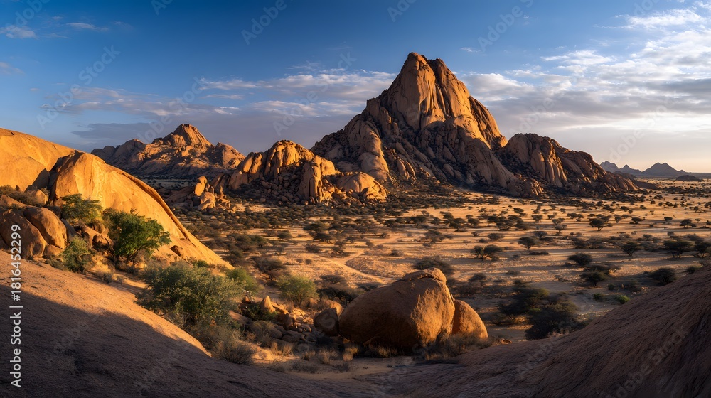 Naklejka premium Namibia's Spitzkoppe peaks glow golden at sunset a dramatic desert landscape vista