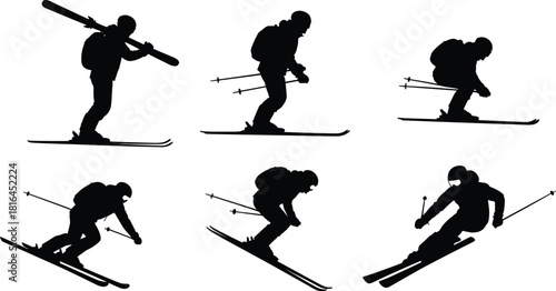 Set of Alpine Skier Silhouettes Black Vector Collection of Men Skiing Downhill Posing with Poles for Winter Sports Recreation Snow Travel Mountain Resort and Adventure Graphics.