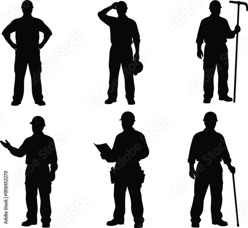 Set of Construction Worker and Engineer Silhouettes Black Vector Illustrations Collection of Men in Hard Hats Posing with Tools for Building Industry Architecture and Safety Graphics.