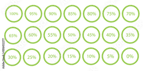 Percentage number icon set vector illustration featuring segmented blue radial pie charts displaying progress from 0% to 100%, perfect for data visualization, infographics, and loading indicators.