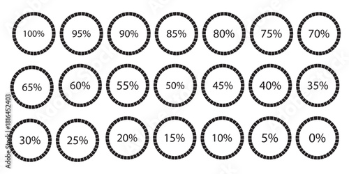 Percentage number icon set vector illustration featuring segmented blue radial pie charts displaying progress from 0% to 100%, perfect for data visualization, infographics, and loading indicators.