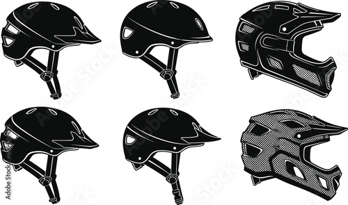 Set of Mountain Bike and Cycling Helmets Black Silhouette Vector Collection of Safety Gear Equipment Full Face and Open Face Designs for Extreme Sports Safety and Bicycle Graphics.
