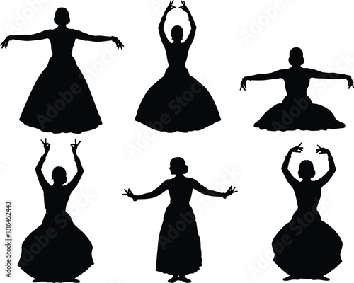 Set of Traditional Indian Classical Dancer Silhouettes Black and White Vector Collection Depicting South Asian Folk Dance Poses Culture Performance and Festival Graphics.