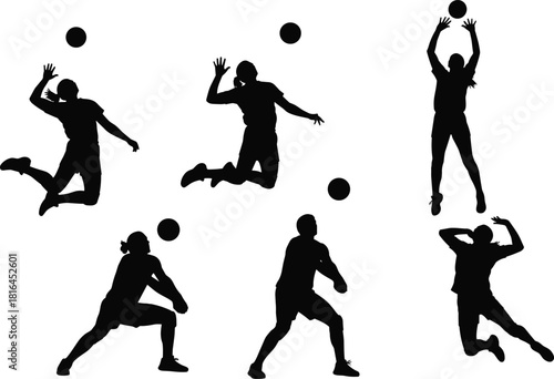Volleyball Player Silhouettes Dynamic Action Poses Collection Set, Female Athletes Jumping Spiking Setting Passing Digging Ball, Sport Team Training Match Competition, Isolated Vector Graphics 