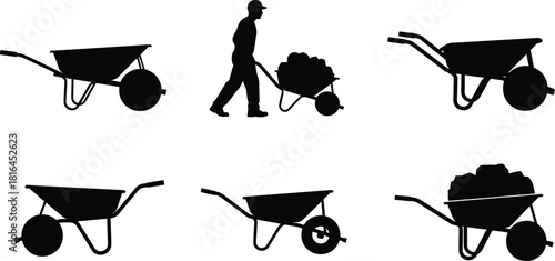 Wheelbarrow Silhouettes Collection Set, Construction Worker Pushing Barrow Full of Gravel or Dirt, Gardening Tool and Labor Equipment Vector Graphic, Industrial Work Symbol Isolated