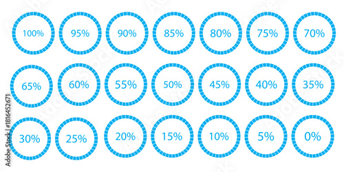 Percentage number icon set vector illustration featuring segmented blue radial pie charts displaying progress from 0% to 100%, perfect for data visualization, infographics, and loading indicators.