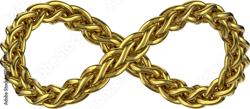 Gold Infinity Sign of Wheat Links Chain. Luxury Jewelry, Necklace or Bracelet. Symbol of Eternal Wealth, Success and Elegance. 3D isolated illustration