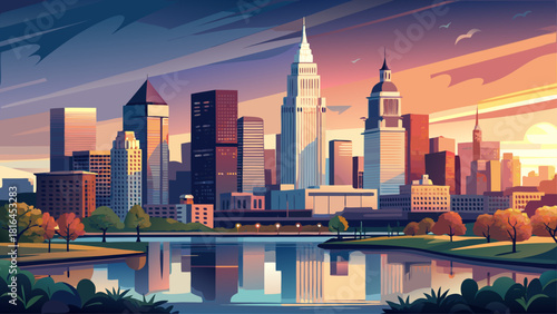 Very beautiful semi-realistic vector view of downtown Cleveland, Ohio, featuring a clean skyline, modern high-rise silhouettes, calm waterfront, soft evening light, and a clear atmospheric horizon sui