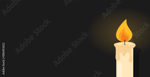 Yellow burning candle on dark background. Mourning burial ceremony in church. Paraffin sticks with lit wicks. Melting wax. Memory candlestick fire. Vector concept of memorial candlelight