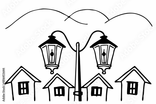 Minimalist illustration of a street lamp with two lanterns above houses and mountains in the background landscape vector