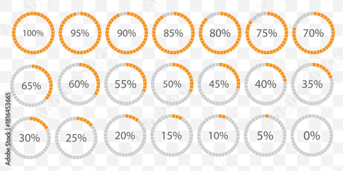 Percentage infographics flat elements. Round diagrams icons for infographics from 0 to 100 percent. Circle graph loading progress templates. Green, grey color fill divided pie charts indicators