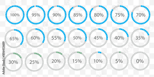 Percentage infographics flat elements. Round diagrams icons for infographics from 0 to 100 percent. Circle graph loading progress templates. Green, grey color fill divided pie charts indicators
