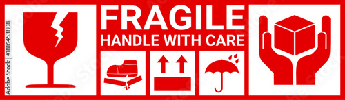 fragile warning set in red and white. sticker for packaging. handle with care, keep dry, this side up label. red sign label