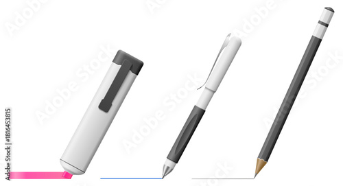 Realistic writing instruments. Highlighter marker. Ballpoint pen. Sharpened graphite pencil. 3D office supplies or school tools. Student or writer stationery. Vector isolated objects set