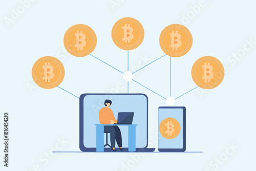 Man working on laptop and phone connected to digital bitcoin network with cryptocurrency coins