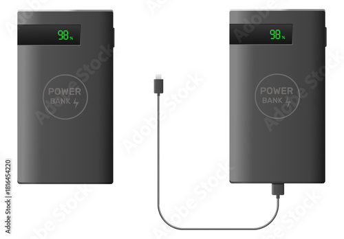 Realistic external battery with charging cable and electronic display. Accumulator wire USB plug. Energy indicator percent. Gadget recharge. Vector set of black plastic power banks
