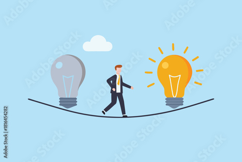 Businessman walking on tightrope between a dim and a bright idea lightbulb