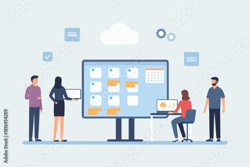 Team collaborating on a digital project using a large monitor and laptops with cloud technology and calendar integration