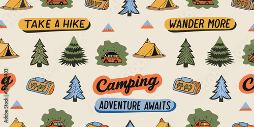 Cute hand drawn camping adventure pattern with tents cars trees and mountains